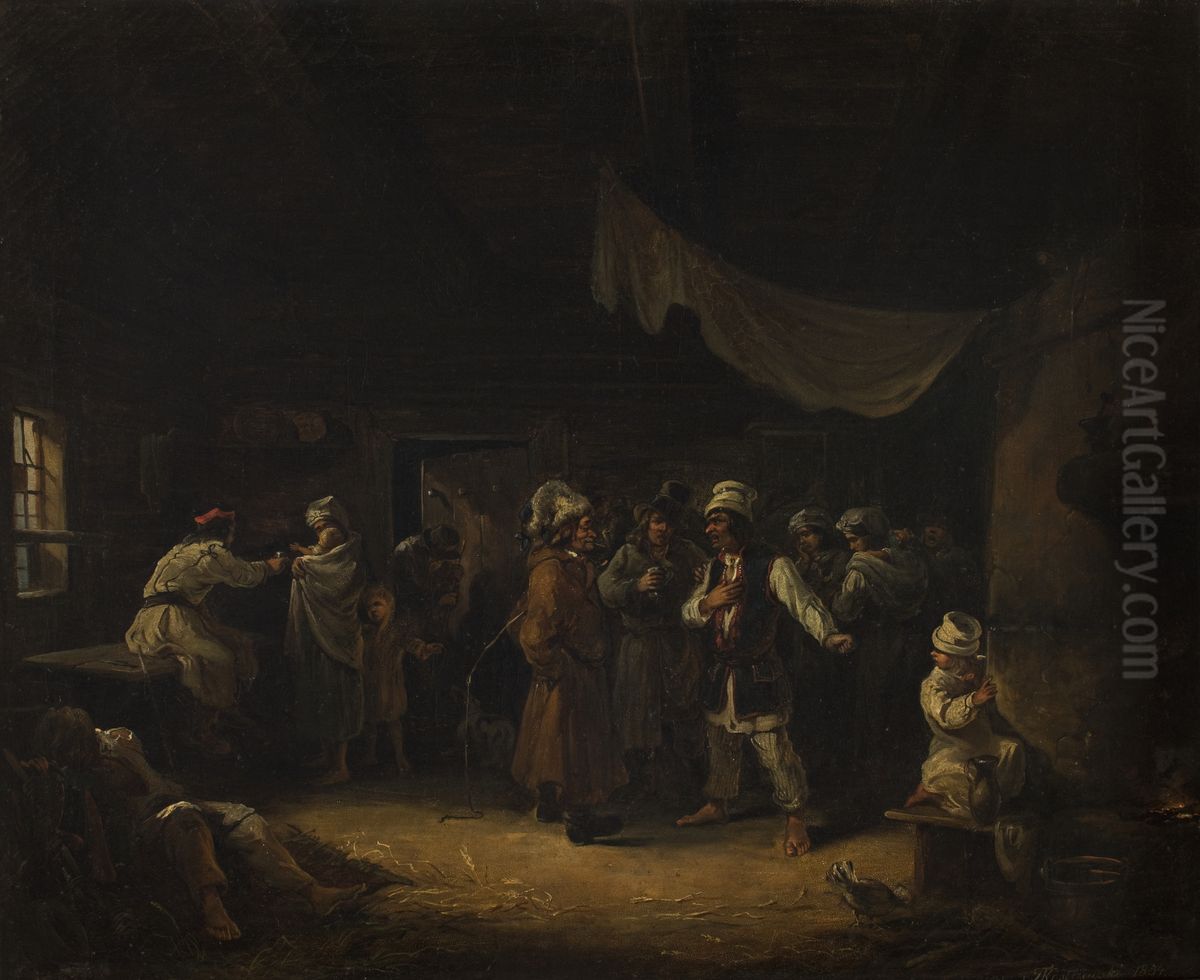 Peasants in an Inn Oil Painting by Franciszek Kostrzewski