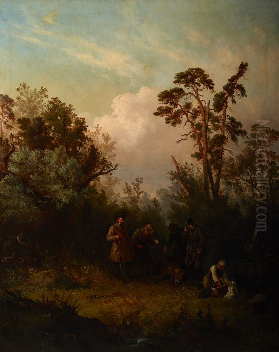 Boar-Hunting Oil Painting by Franciszek Kostrzewski