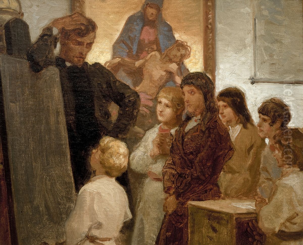 Village School at Wroblewice Oil Painting by Artur Grottger