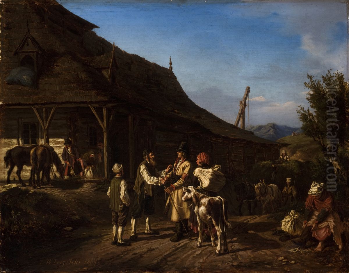 Scene in Front of an Inn Oil Painting by Wilhelm Leopolski