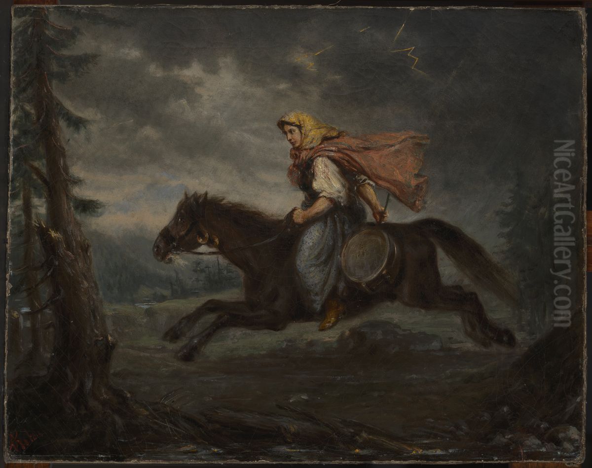 Highlander Woman on Horseback Oil Painting by Aleksander Kotsis