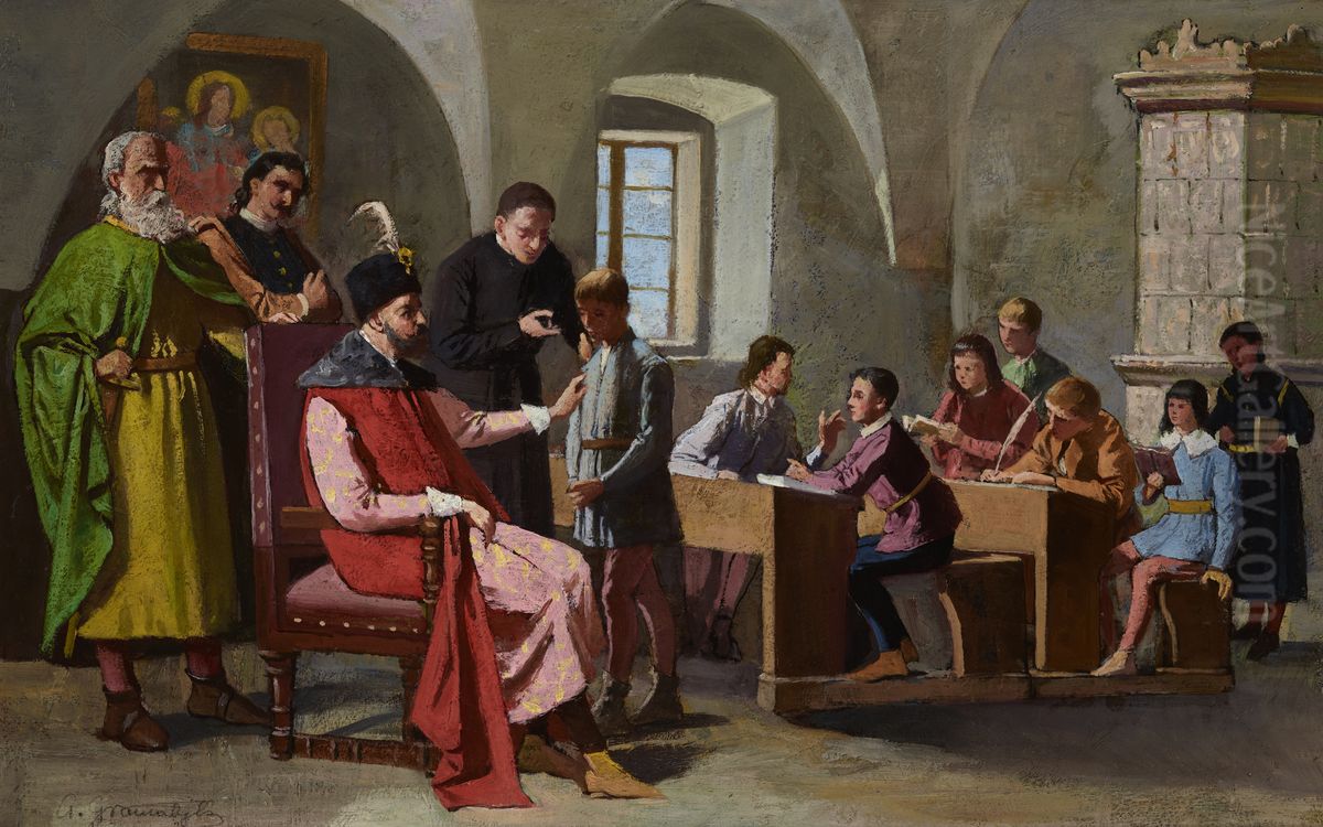 Stefan Batory among Schoolboys Oil Painting by Antoni Gramatyka