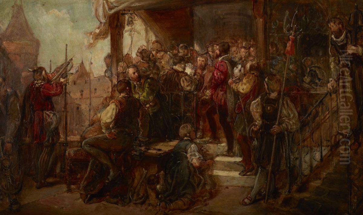 Presenting the Fowler to the Fowler Brotherhood (Sketch) Oil Painting by Wladyslaw Luszczkiewicz