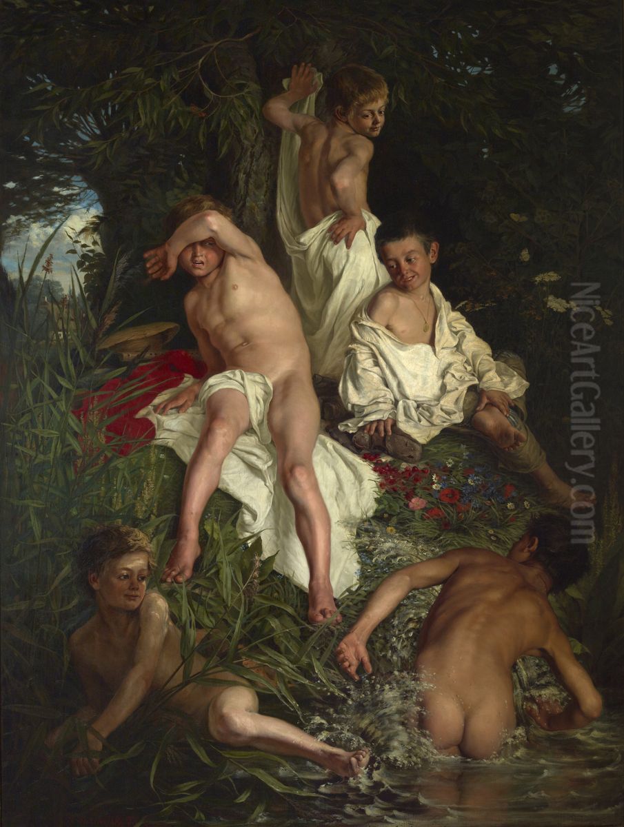 Boys Bathing Oil Painting by Kazimierz Pochwalski