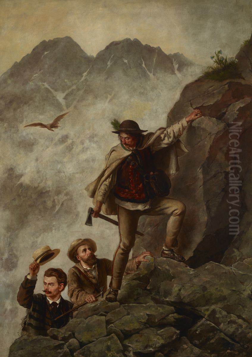 Guide and Tourists in the Tatra Mountains Oil Painting by Walery Eljasz Radzikowski