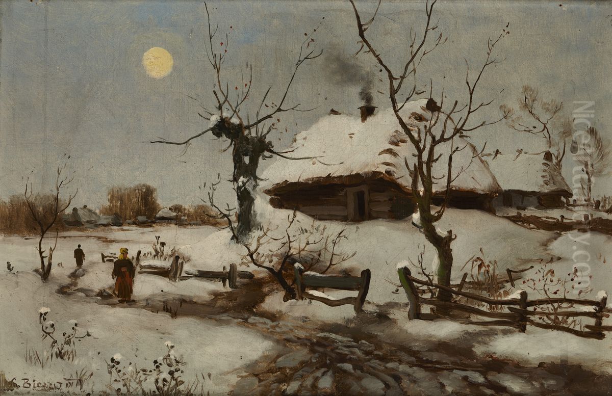 Cottages in Snow Oil Painting by Seweryn Bieszczad