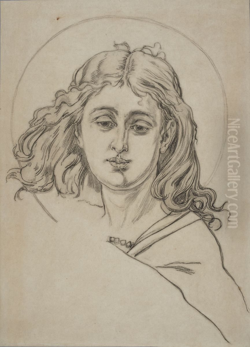 Carton for the polychrome from St Mary's Church - bust of an angel Oil Painting by Jan Matejko