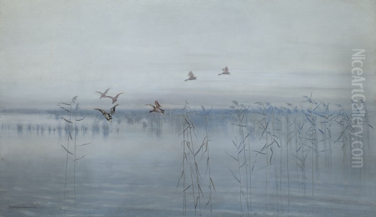 Ducks over Swamps Oil Painting by Stanislaw Maslowski