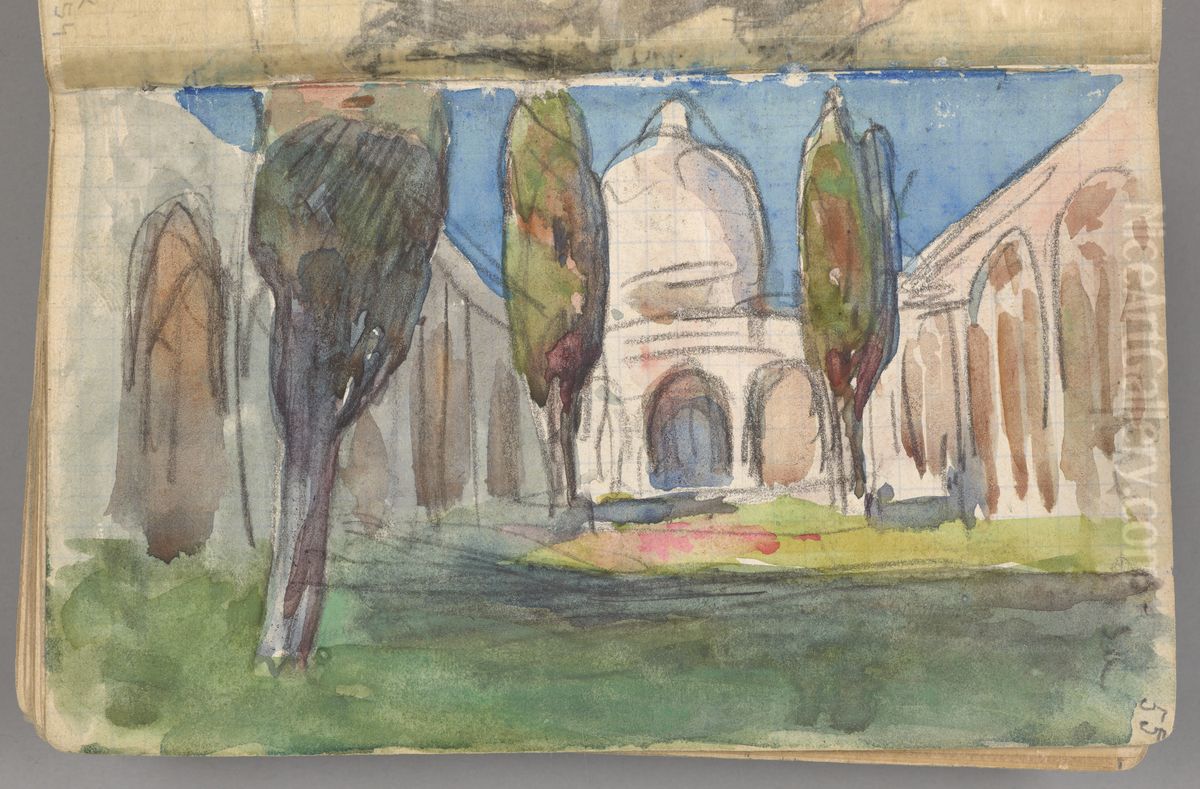 Sketchbook No. 2 - Landscape study - Moorish arcaded courtyard with cypresses; study of a woman with fan - two-page drawing Oil Painting by Jan Stanislawski
