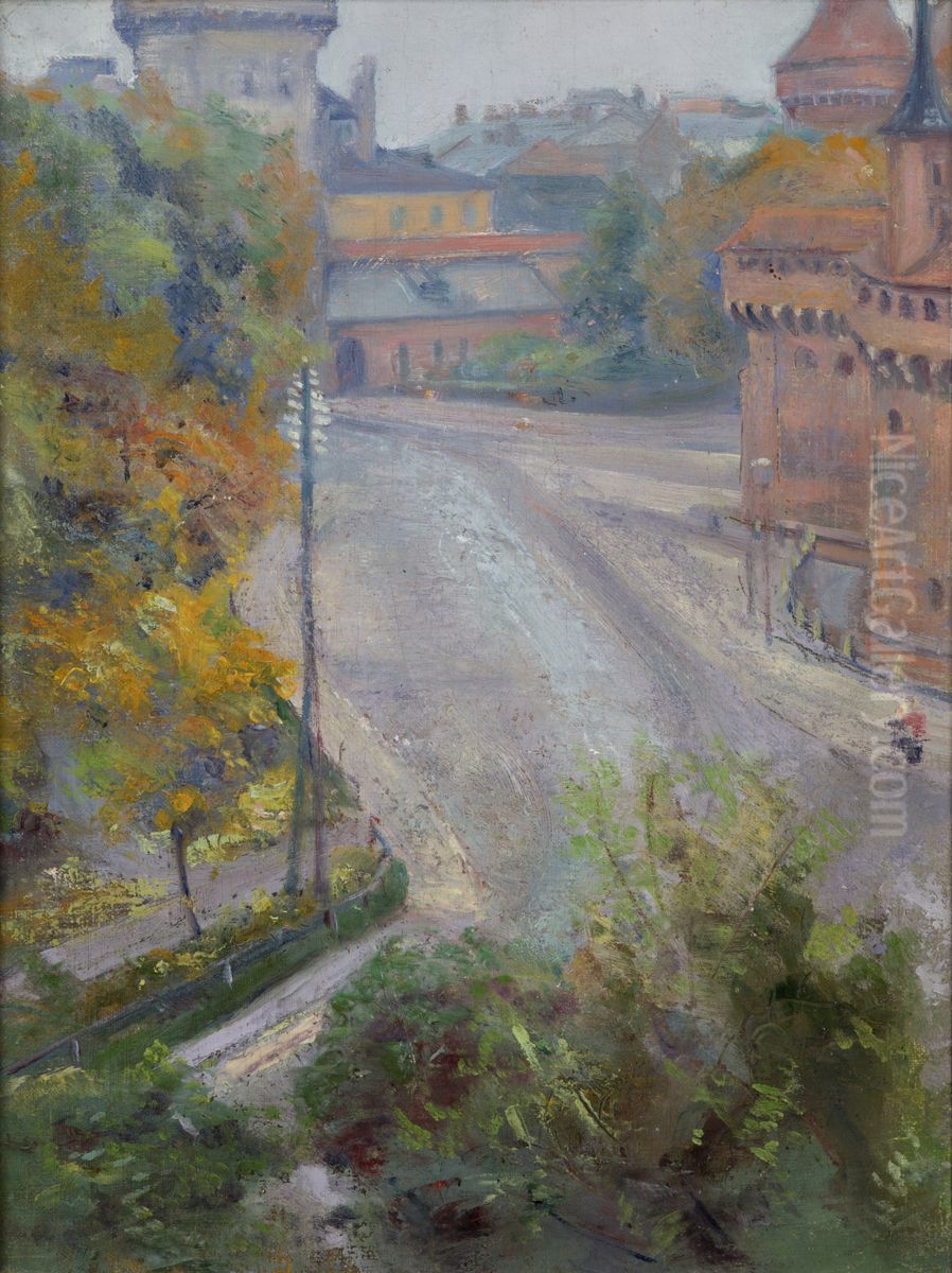The Barbican and the Florianska Street - View from Zacisze Street Oil Painting by Stanislaw Wyspianski
