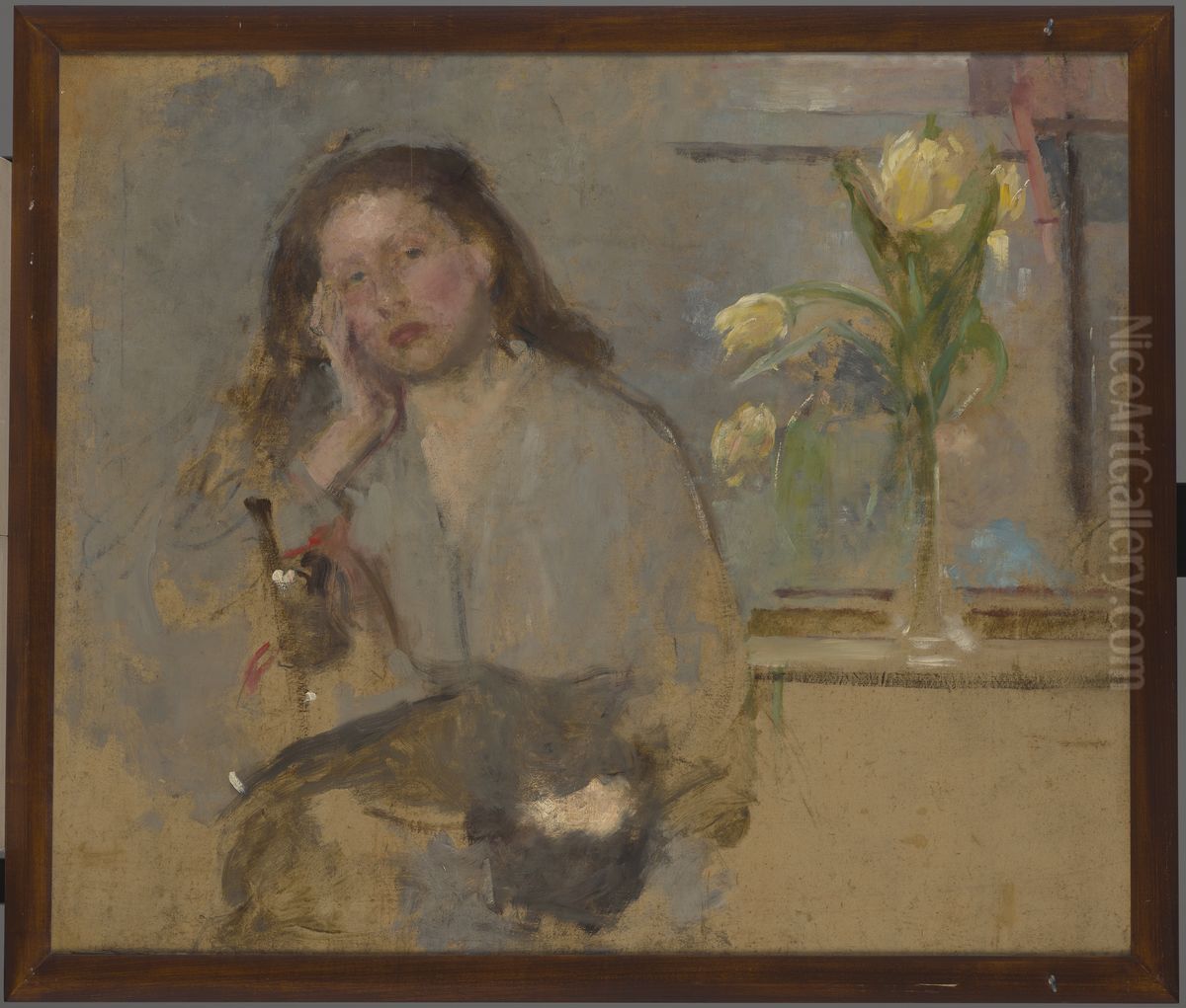 Portrait Sketch of a Young Girl - two-sided painting Oil Painting by Olga Boznanska