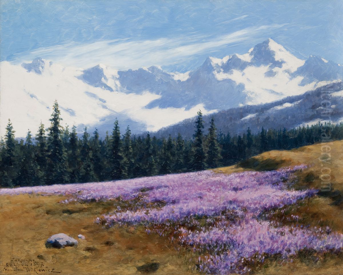 Crocuses with Snowy Mountains Behind Oil Painting by Stanislaw Witkiewicz