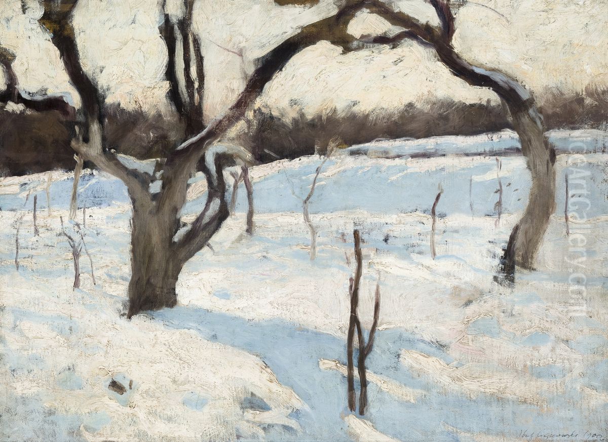 Orchard in Winter Oil Painting by Jozef Czajkowski