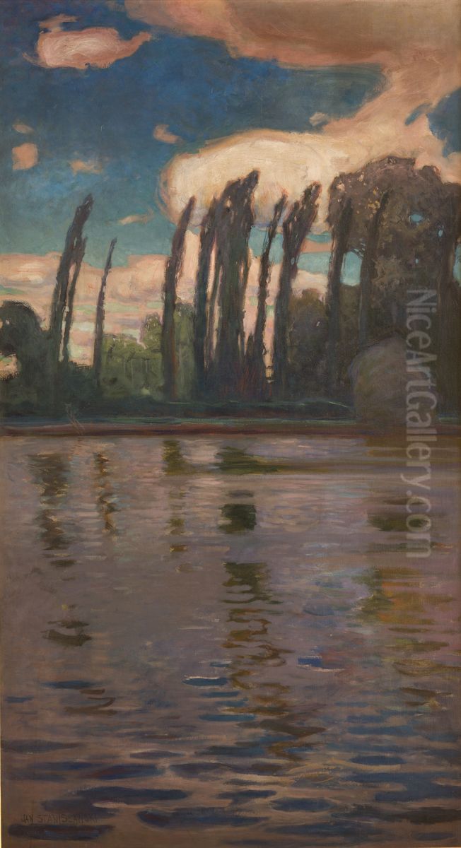 Poplars on the Water Oil Painting by Jan Stanislawski