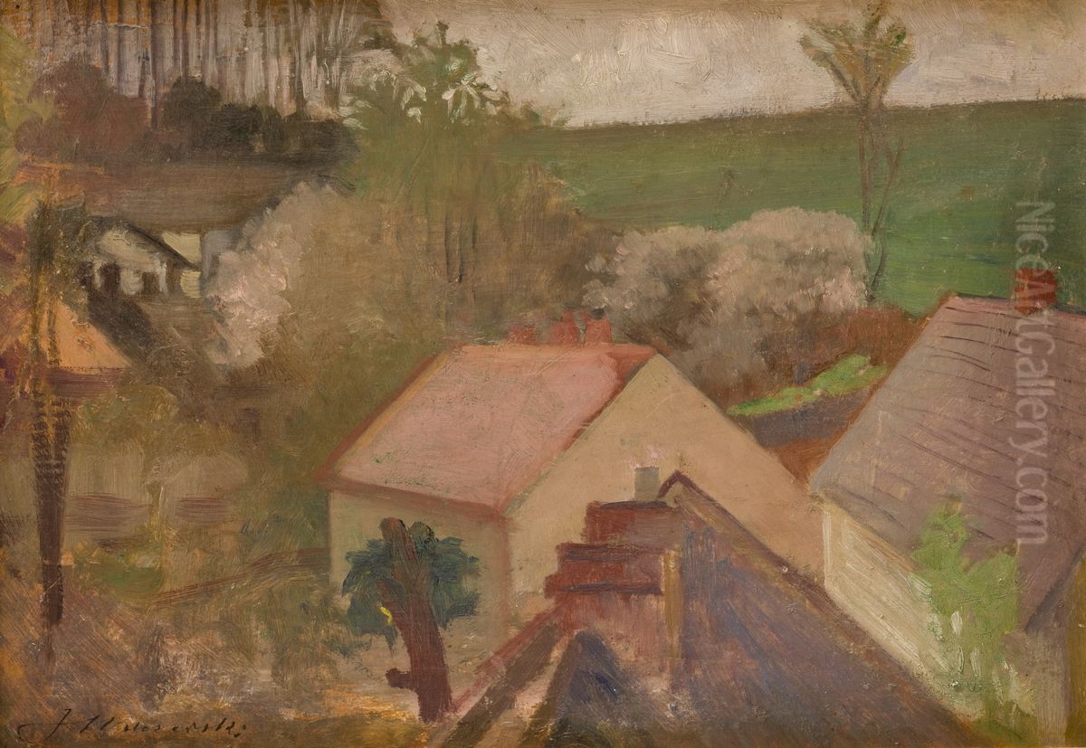 Krajobraz wiejski z domami Oil Painting by Jacek Malczewski