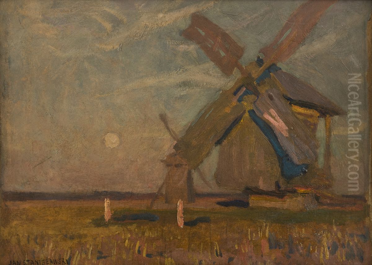 Landscape with Windmills Oil Painting by Jan Stanislawski