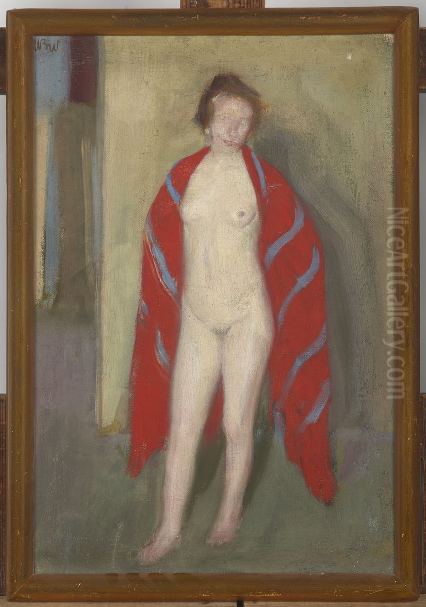 Nude in a Red Shawl Oil Painting by Wojciech Weiss