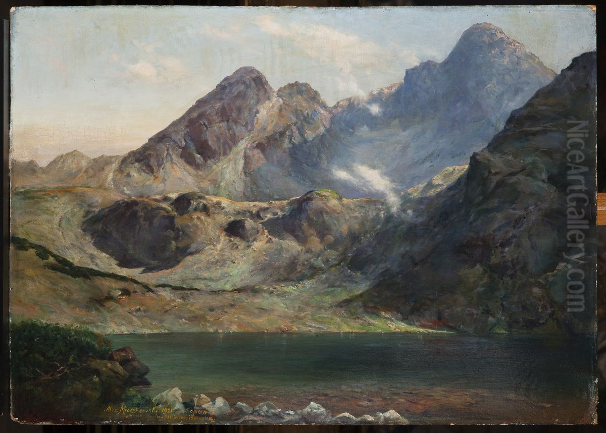 Zielony Staw (Green Lake) at the Foot of Mounts Koscielec i Swinica Oil Painting by Aleksander Mroczkowski