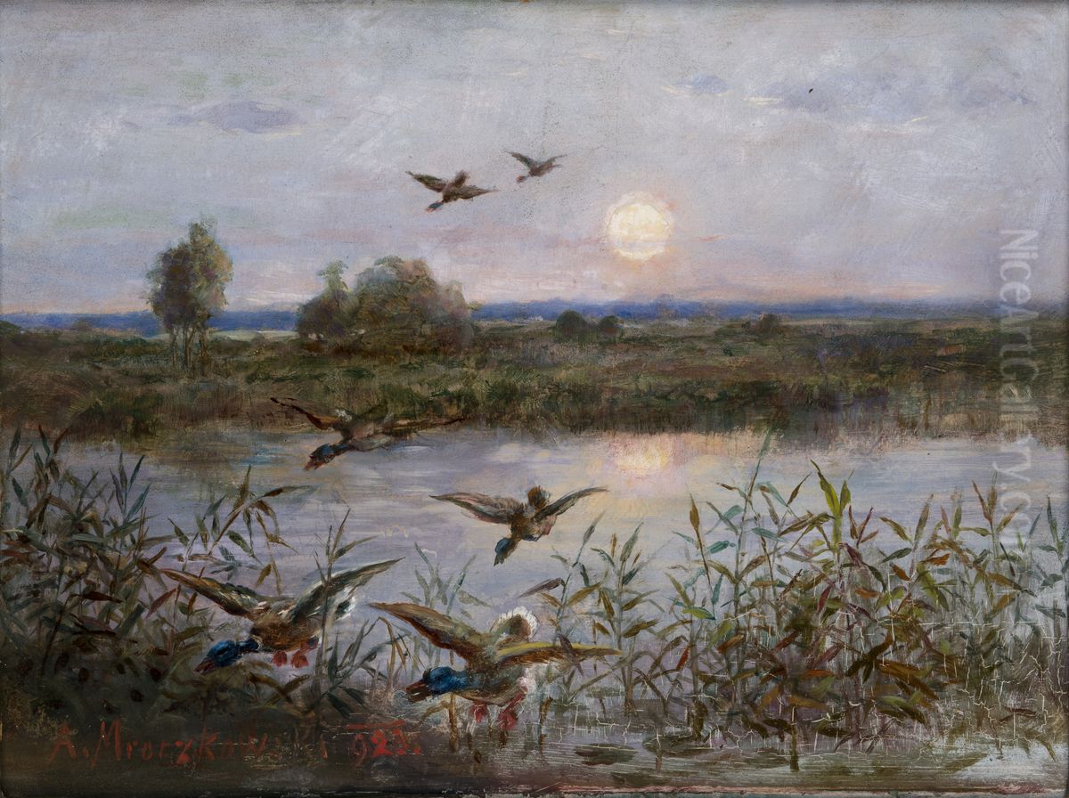 Ducks over Marshes Oil Painting by Aleksander Mroczkowski
