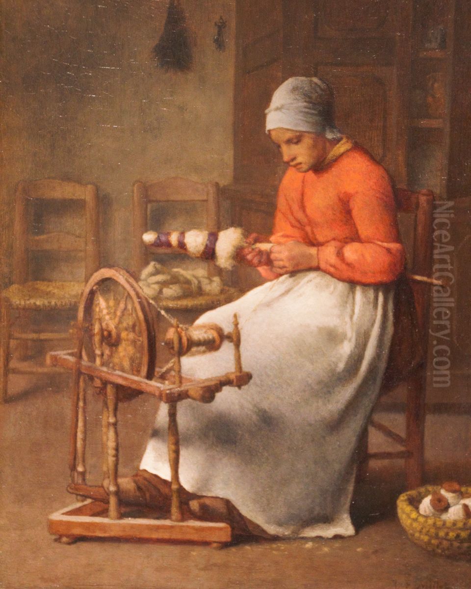 Woman Spinning Oil Painting by Jean-Francois Millet