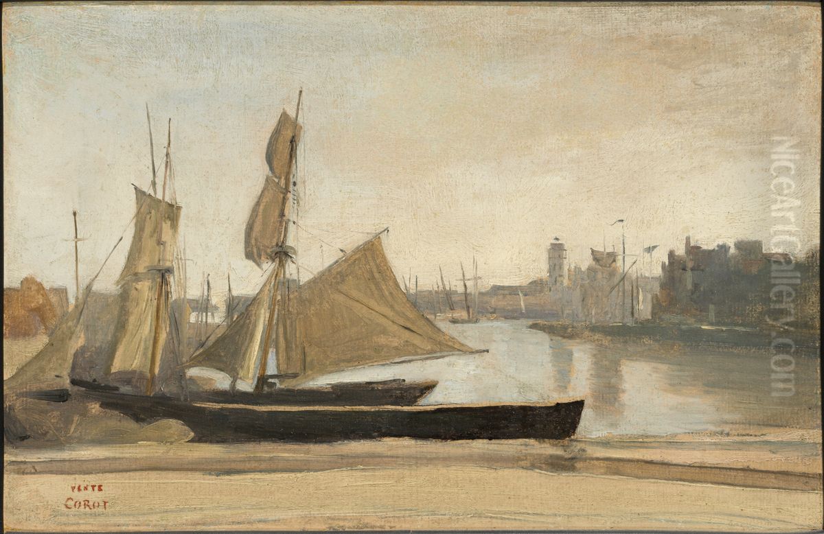 Dunkerque, Fishing Boats tied to the Wharf Oil Painting by Jean-Baptiste Camille Corot