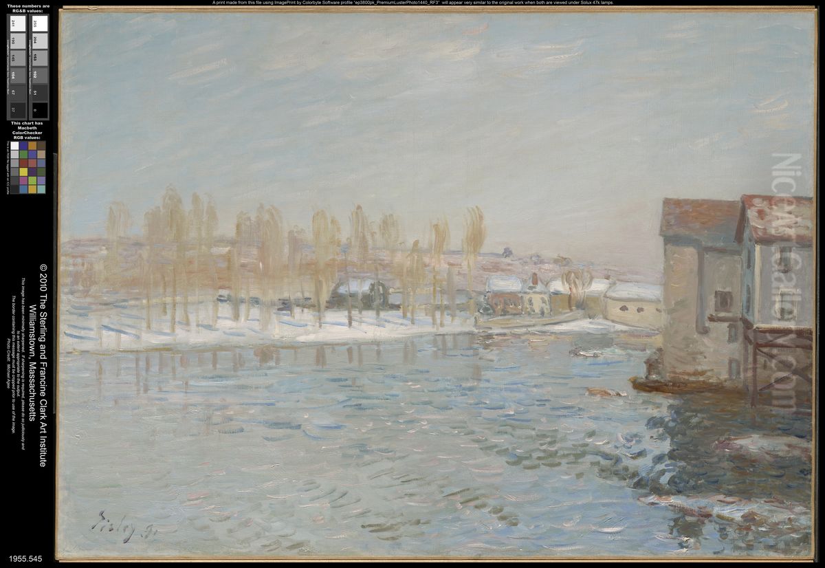 The Loing and the Mills of Moret, Snow Effect Oil Painting by Alfred Sisley