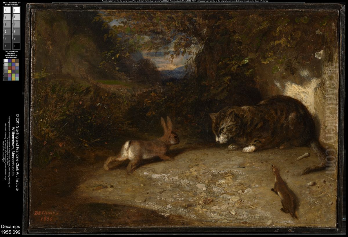 Cat, Weasel, and Rabbit Oil Painting by Alexandre-Gabriel Decamps