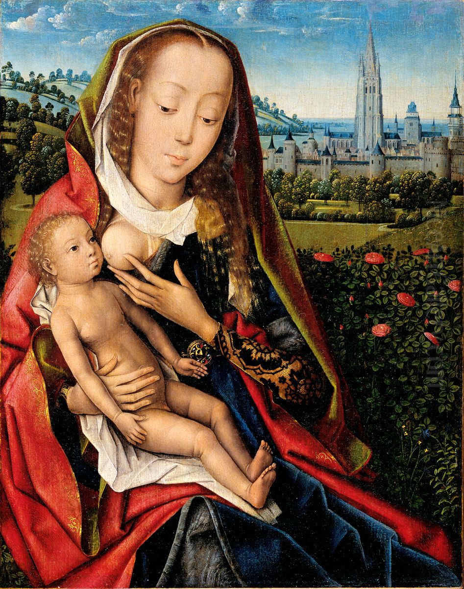 Maria met kind aan de borst in een heuvellandschap met in de achtergrond Brugge en de Onze-Lieve-Vrouwekerk Oil Painting by Master Of The Legend Of Saint Lucy