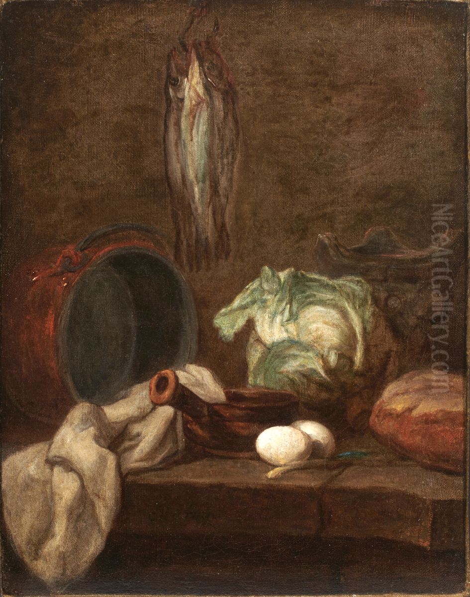 Kitchen Utensils and Three Herrings or Whitings Oil Painting by Jean-Baptiste-Simeon Chardin