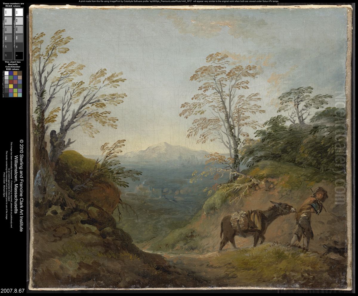 Wooded Landscape with a Boy Leading a Donkey and Dog, and an Extensive Panorama with Buildings and Distant Hills Oil Painting by Thomas Gainsborough