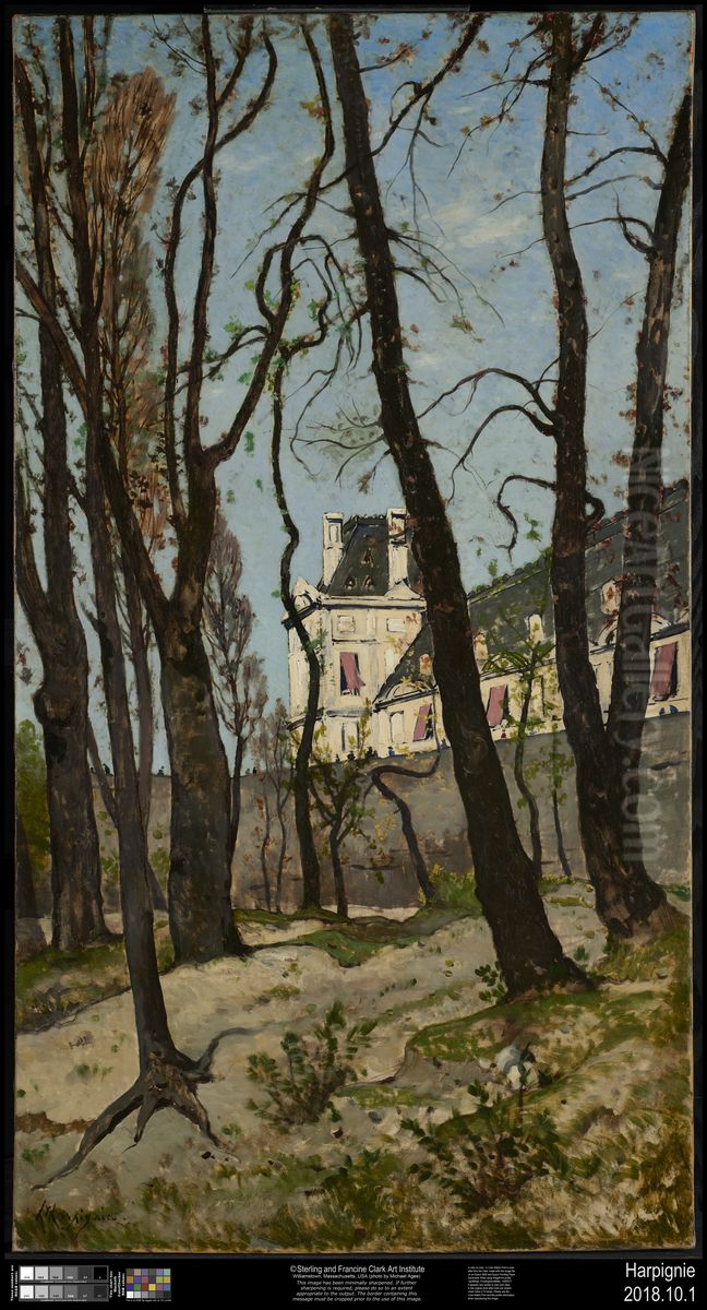 View of the Louvre, with the Grande Galerie and the Pavillon de Flore Oil Painting by Henri Harpignies