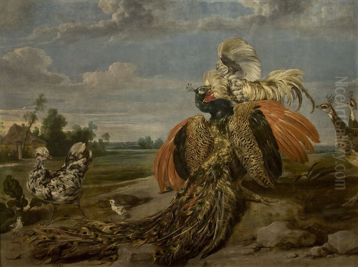 Peacock and Cock Fighting Oil Painting by Paul de Vos