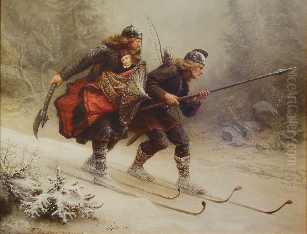 Skiing Birchlegs Crossing the Mountain with the Royal Child Oil Painting by Knud Bergslien