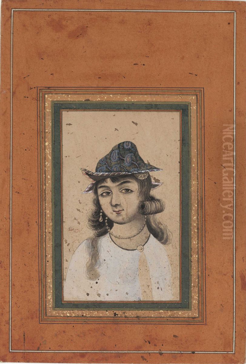 Portrait en buste d'une fille portant un bonnet a motif Kerman Oil Painting by Mirza Abolhassan Khan Ghaffari