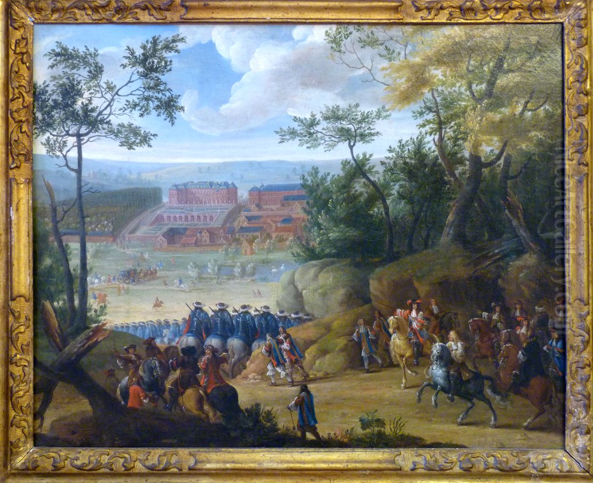Vue du chateau de Versailles, avec Louis XIV accompagne d'un groupe de mousquetaires a cheval Oil Painting by Adam Frans van der Meulen