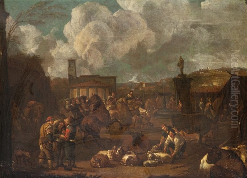 Cattle Market in Italy Oil Painting by Peeter van Bredael