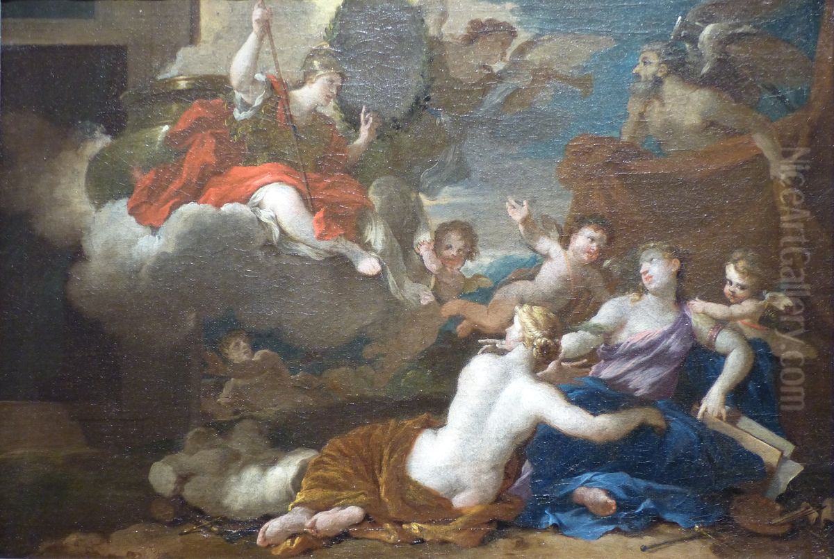 Minerve et les Arts. Allegorie de la fondation de l'Academie royale de Peinture et de Sculpture, dit aussi Progres des Arts du Dessin en France sous le regne de Louis XIV Oil Painting by Nicolas-Pierre Loir