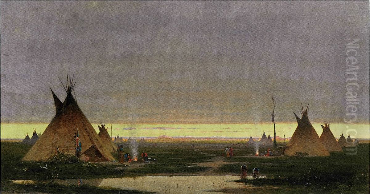 Indian Village at Dawn Oil Painting by Jules Tavernier