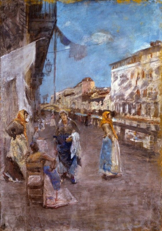 Washerwomen along the Canal (Naviglio) Oil Painting by Emilio Gola