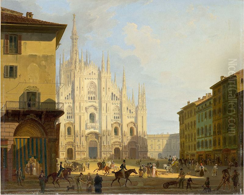 Veduta di piazza del Duomo in Milano Oil Painting by Giovanni Migliara