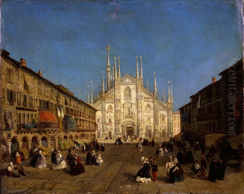 View of the Piazza del Duomo in Milan Oil Painting by Giulio Rossi