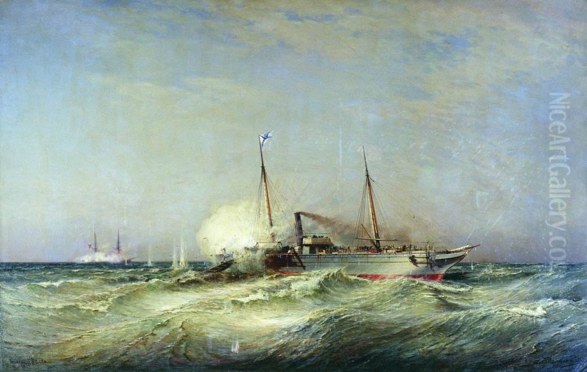 Kampf des Dampfschiffs Vesta mit dem turkischen Schlachtschiff Fethi-Butland im Schwarzen Meer am 11. Juli 1877. Oil Painting by Alexey Bogolyubov