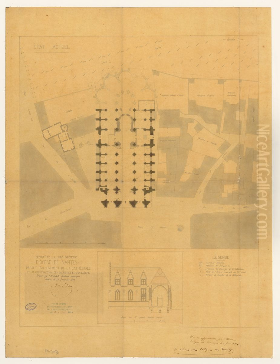 Projet d'achevement de la cathedrale de Nantes de construction des sacristies et d'un eveche (1853) Oil Painting by Theodore Nau