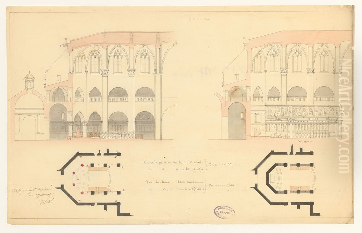 Plan du choeur de la cathedrale de Nimes etat actuel et modifications (1849) Oil Painting by Eugene-Jean-Baptiste-Gabriel Laval