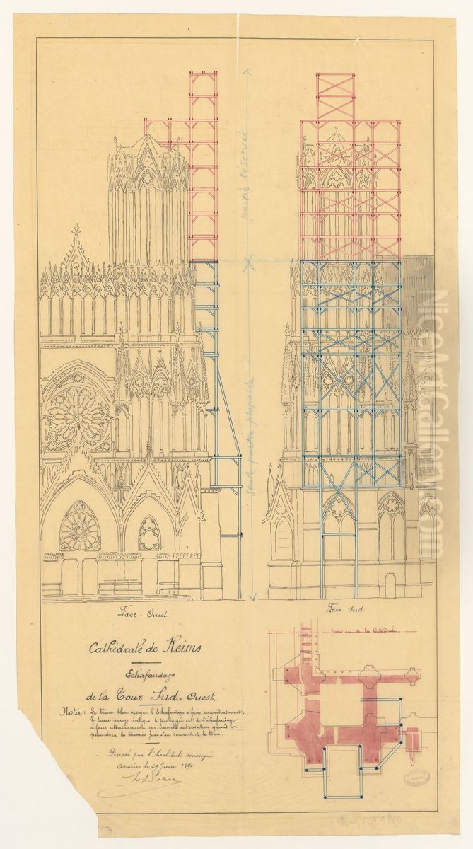 Echafaudage de la tour sud-ouest de la cathedrale de Reims (1894) Oil Painting by Denis Darcy