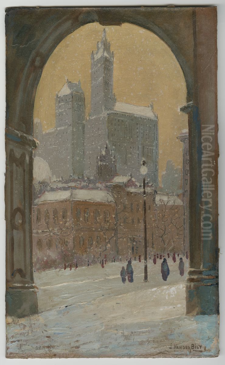 View of the Woolworth Building in Winter Through the Arch of the Municipal Building, New York City. Oil Painting by Jacob Vanderbilt