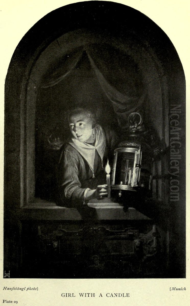 Young woman with candle and lantern in a window Oil Painting by Gerrit Dou