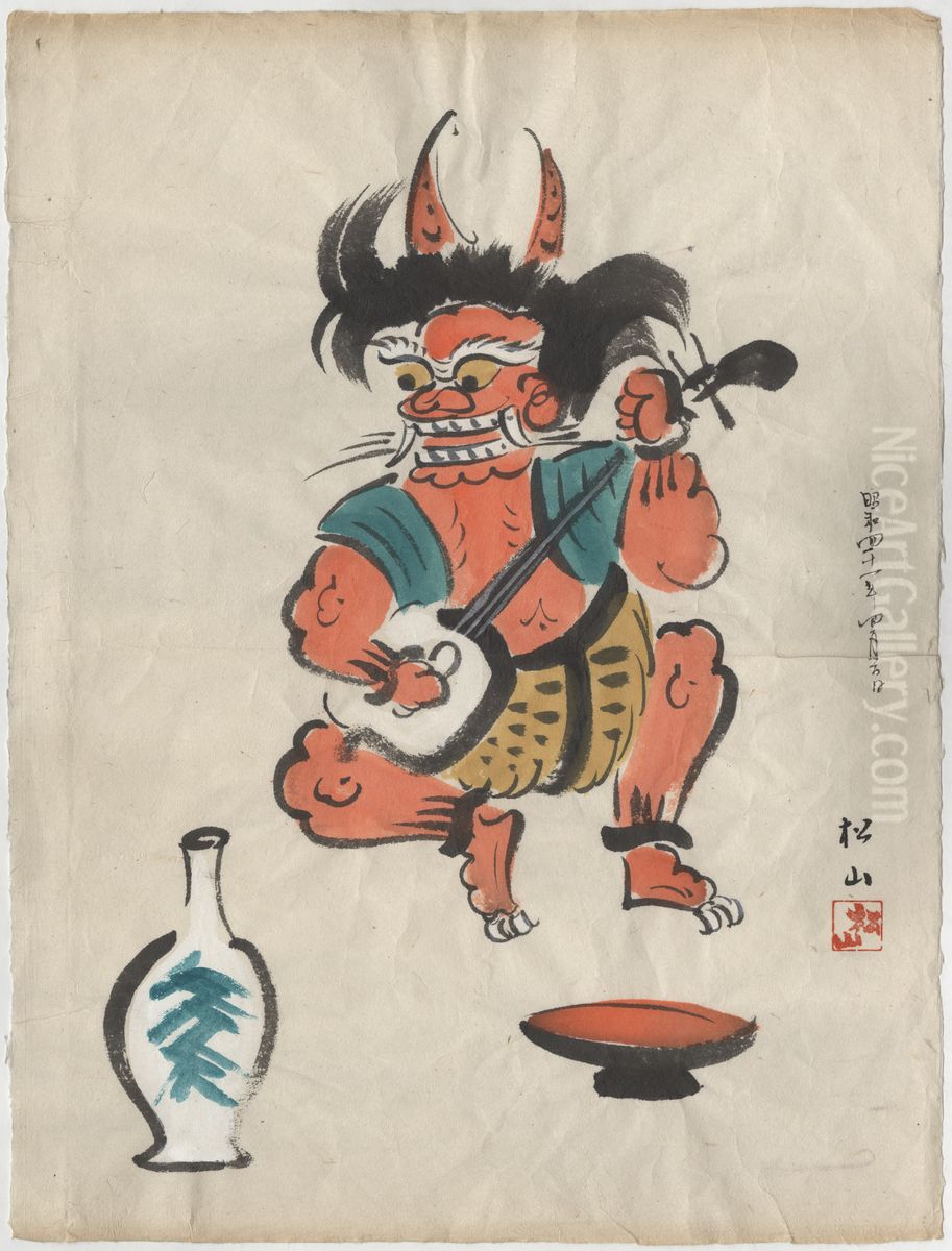 Demon Playing a Samisen, With Wine Bottle and Drinking Cup in Foreground. Oil Painting by Vanderbilt Museum of Art