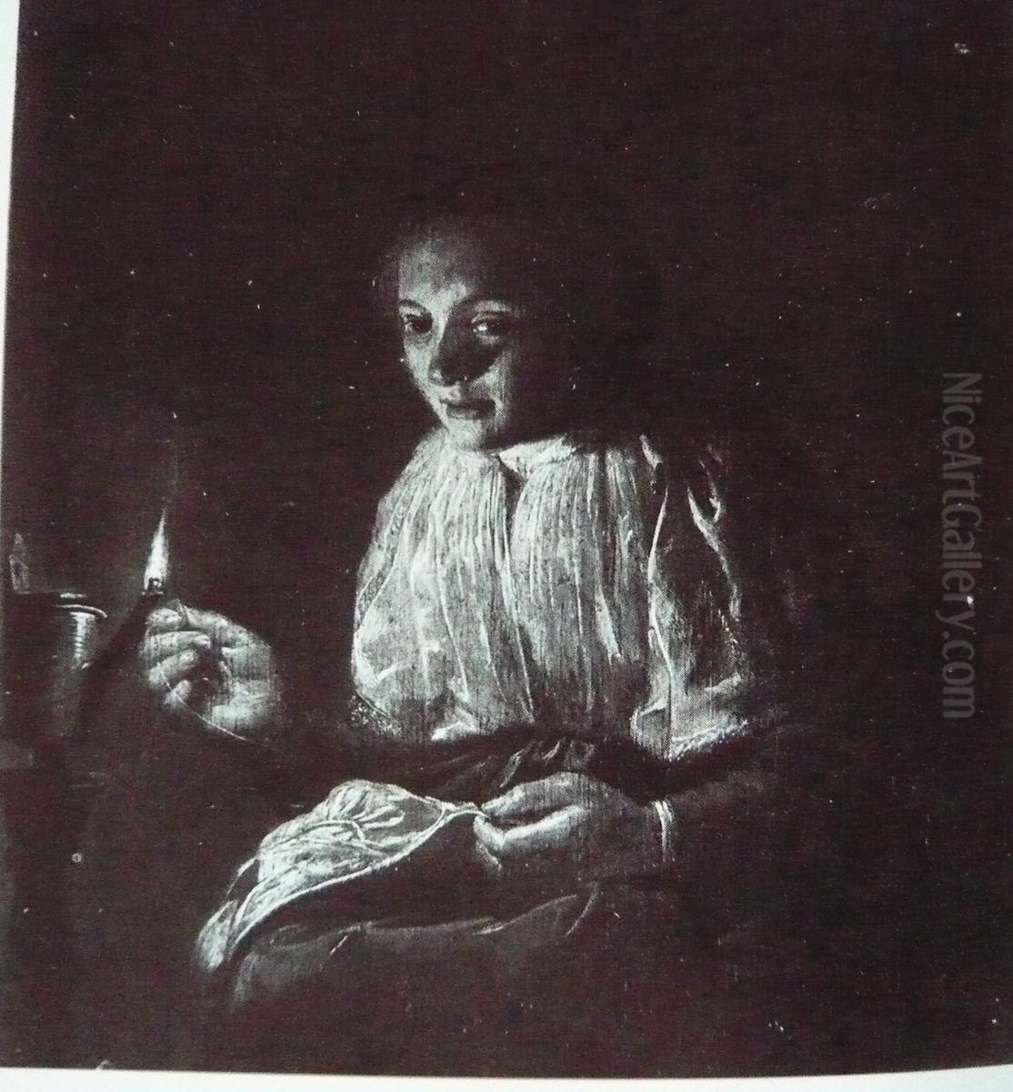 Woman Sewing by Lamplight Oil Painting by Judith Leyster