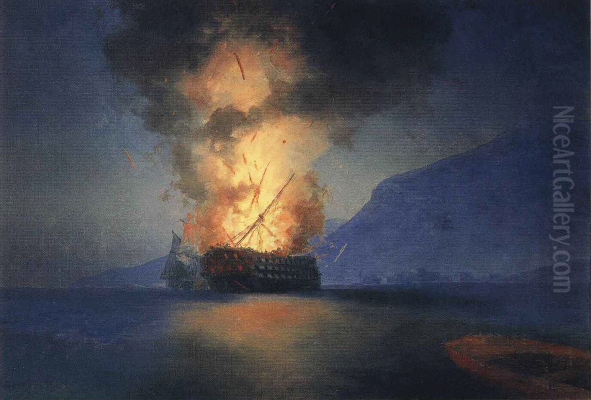 Exploding Ship Oil Painting by Ivan Aivazovsky